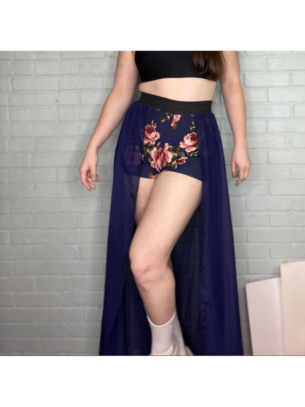 Navy Floral Overlay Skort with Sheer Maxi Panel